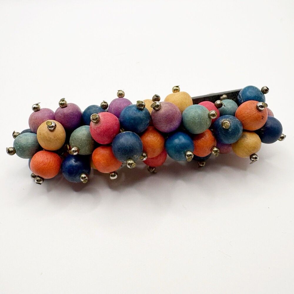 Vintage Colorful Wood Beaded Hair Barrette 80s Big Long Hair Clip Retro